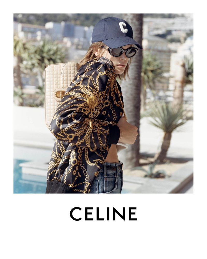 Model Kaia Gerber poses in Monaco for Celine spring-summer 2021 campaign.