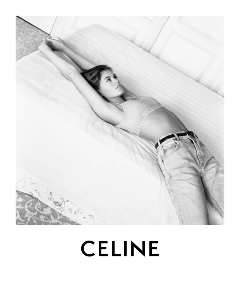 Dressed in jeans and a branded top, Kaia Gerber fronts Celine spring-summer 2021 campaign.