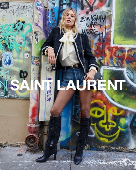 Kate Moss Rocks Street Style in Saint Laurent Spring 2021 Campaign Posing next to graffiti, Kate Moss fronts Saint Laurent spring 2021 campaign.