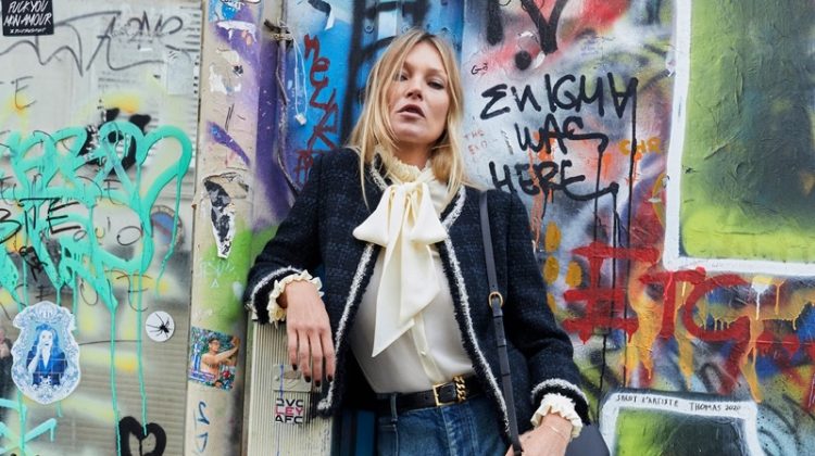 Posing next to graffiti, Kate Moss fronts Saint Laurent spring 2021 campaign.