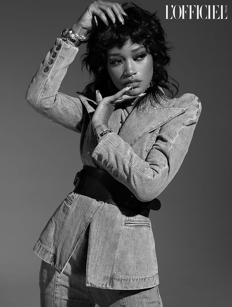 Keke Palmer wears Judy Zhang blazer and trousers with Cartier bracelet, and Erickson Beamon cuff. Photo: Quintin and Ron
