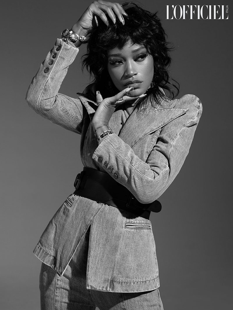 Keke Palmer wears Judy Zhang blazer and trousers with Cartier bracelet, and Erickson Beamon cuff. Photo: Quintin and Ron