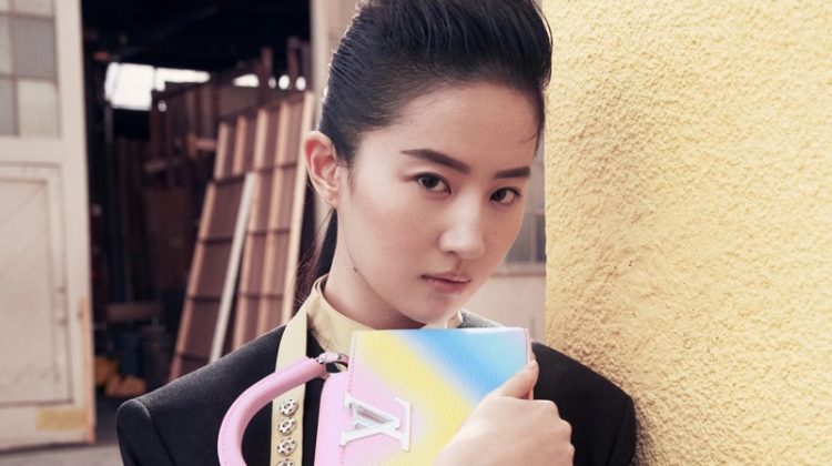 Liu Yifei poses with Louis Vuitton Capucines mini bag in rainbow gradient.