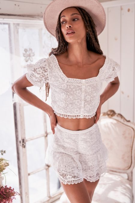 Samille, Tanya, Raissa, Laura Model LoveShackFancy Spring 2021 Collection Samile Bermannelli wears eyelet lace in LoveShackFancy spring 2021 lookbook.