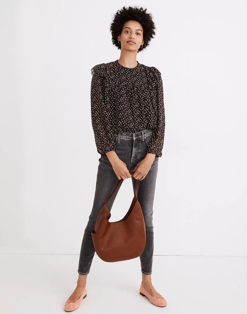 Madewell Georgette Mockneck Ruffle-Yoke Puff-Sleeve Top $98