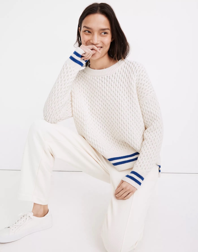 Madewell Stripe-Trim Honeycomb Pullover Sweater $98