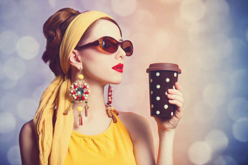 Model Yellow Retro Outfit Polka Dot Coffee Cup Statement Earrings