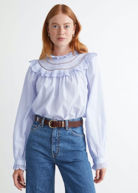 & Other Stories A-Line Ruffle Embroidery Blouse in Light Blue $89