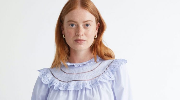 & Other Stories A-Line Ruffle Embroidery Blouse in Light Blue $89