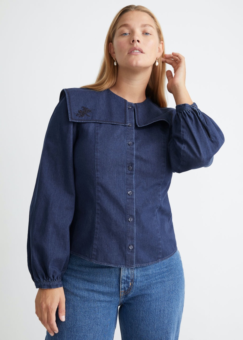 & Other Stories Embroidered Collar Denim Blouse $69