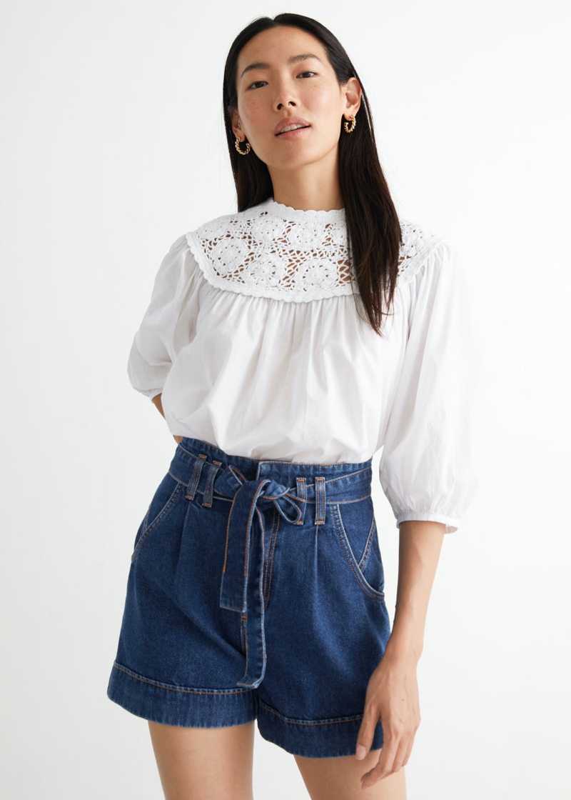 & Other Stories Voluminous Crochet Collar Blouse in White $89