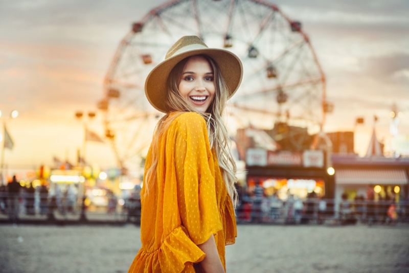 Smiling Model Yellow Dress Beach Straw Hat