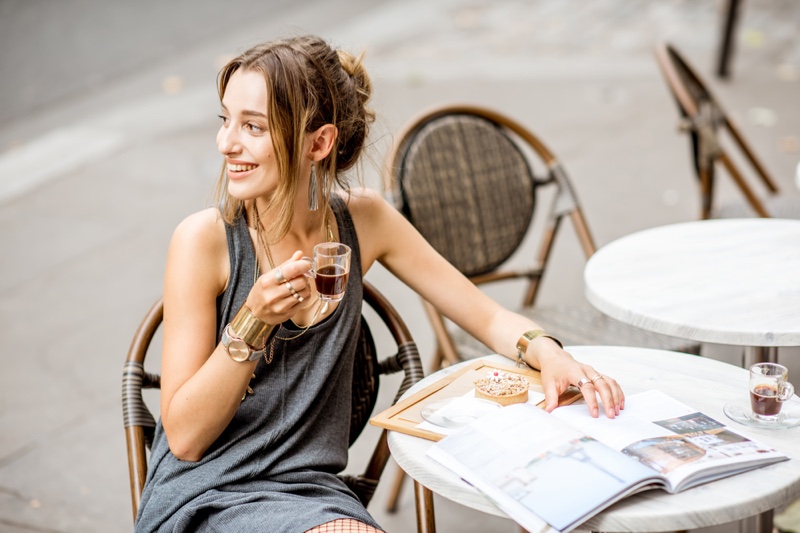 Smiling Woman Small Cup Coffee Paris Cafe Street