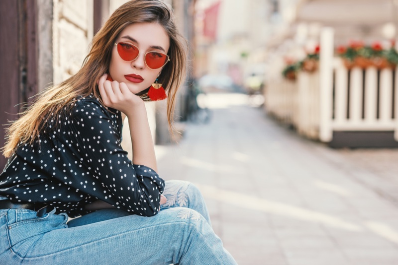 Stylish Model Dot Shirt Blue Jeans Red Sunglasses Earrings