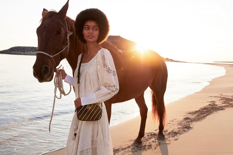 Blesnya Minher poses with a horse for Tory Burch spring-summer 2021 campaign.