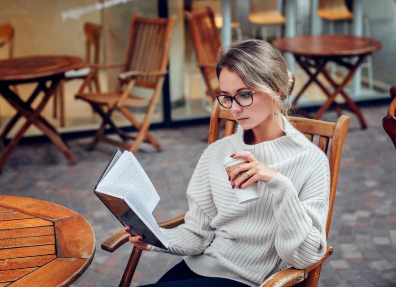 Woman Cafe Reading Book Sitting