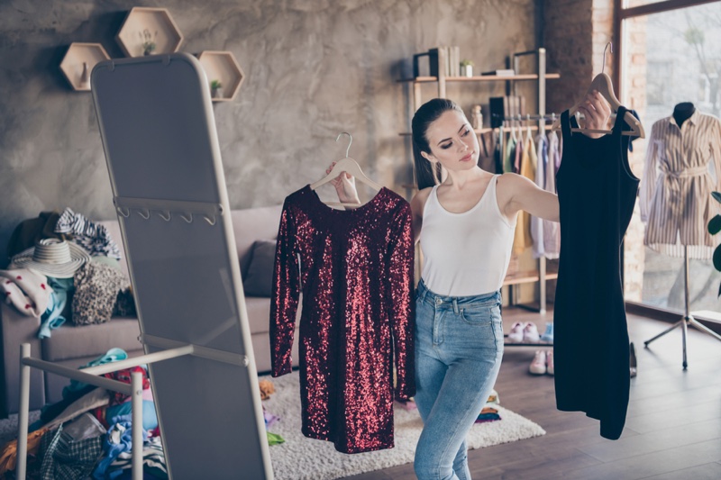 Woman Choosing Outfit Two dresses Decision