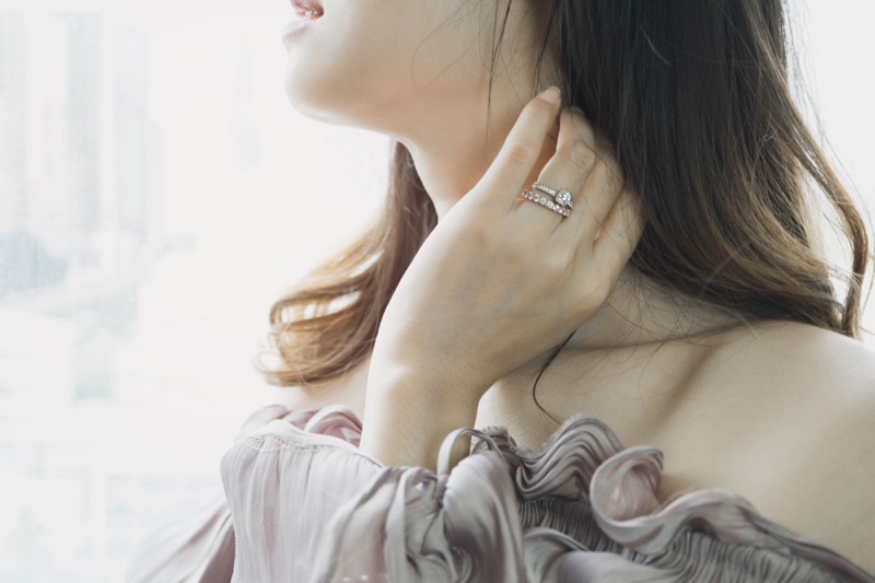 Woman Cropped Image Stacked Diamond Rings
