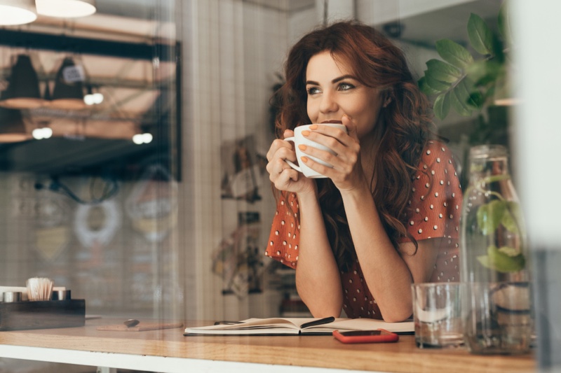 Woman Drinking Cup Coffee Tea Window Polka Dot Top