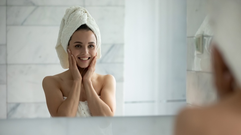 Woman Mirror Face Skincare Towel Covering Head