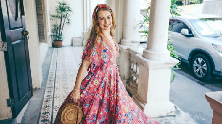 Woman Smiling Maxi Floral Print Dress