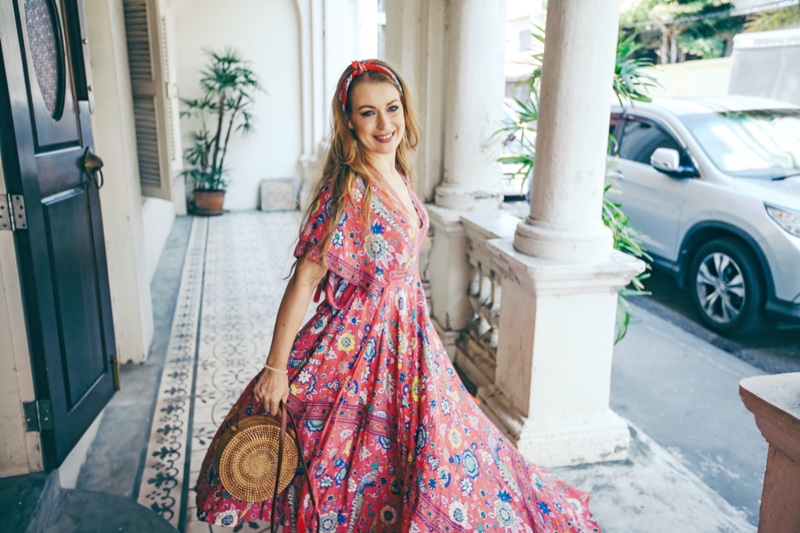 Woman Smiling Maxi Floral Print Dress