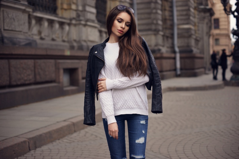 Woman Street White Sweater Leather Jacket Ripped Jeans