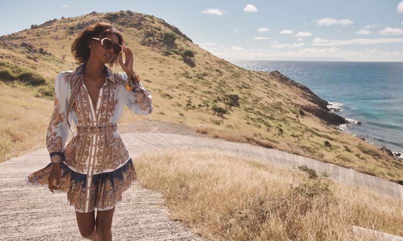 Liya Kebede poses in St. Barts for Zimmermann spring 2021 campaign.