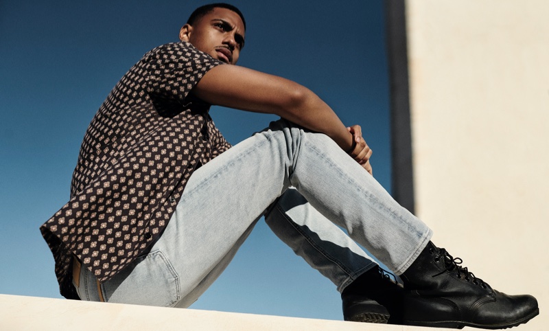 Keith Powers poses in 7 For All Mankind spring-summer 2021 campaign.