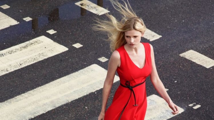 Dressed in red, Lara Stone fronts Alessandro Dell’Acqua X Elena Mirò campaign.
