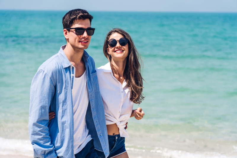 Attractive Couple Walking Beach Romantic Casual Style