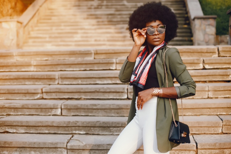 Black Model Afro Green Jacket White Pants Sunglasses