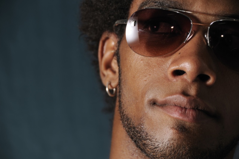 Closeup Black Male Model Sunglasses Hoop Earring