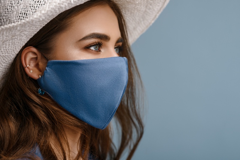 Closeup Woman Blue Satin Matte Face Mask