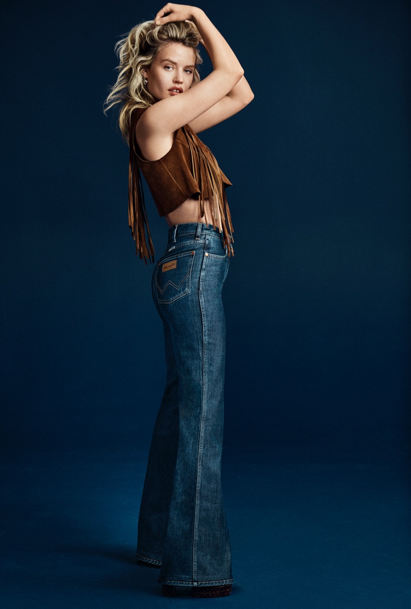 Rocking a fringe vest, Georgia May Jagger fronts Wrangler Heritage Collection spring-summer 2021 campaign.