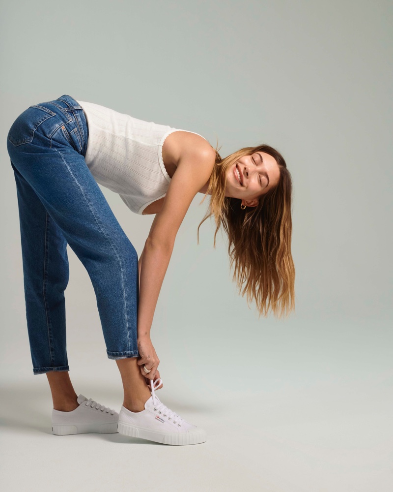 Model Hailey Bieber poses in New York City for Superga spring-summer 2021 campaign.