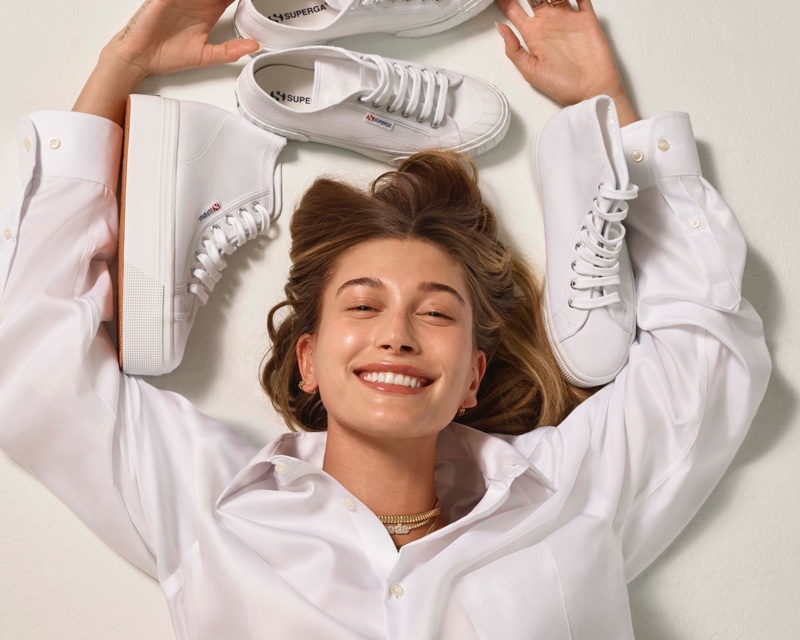 All smiles, Hailey Bieber fronts Superga spring-summer 2021 campaign.