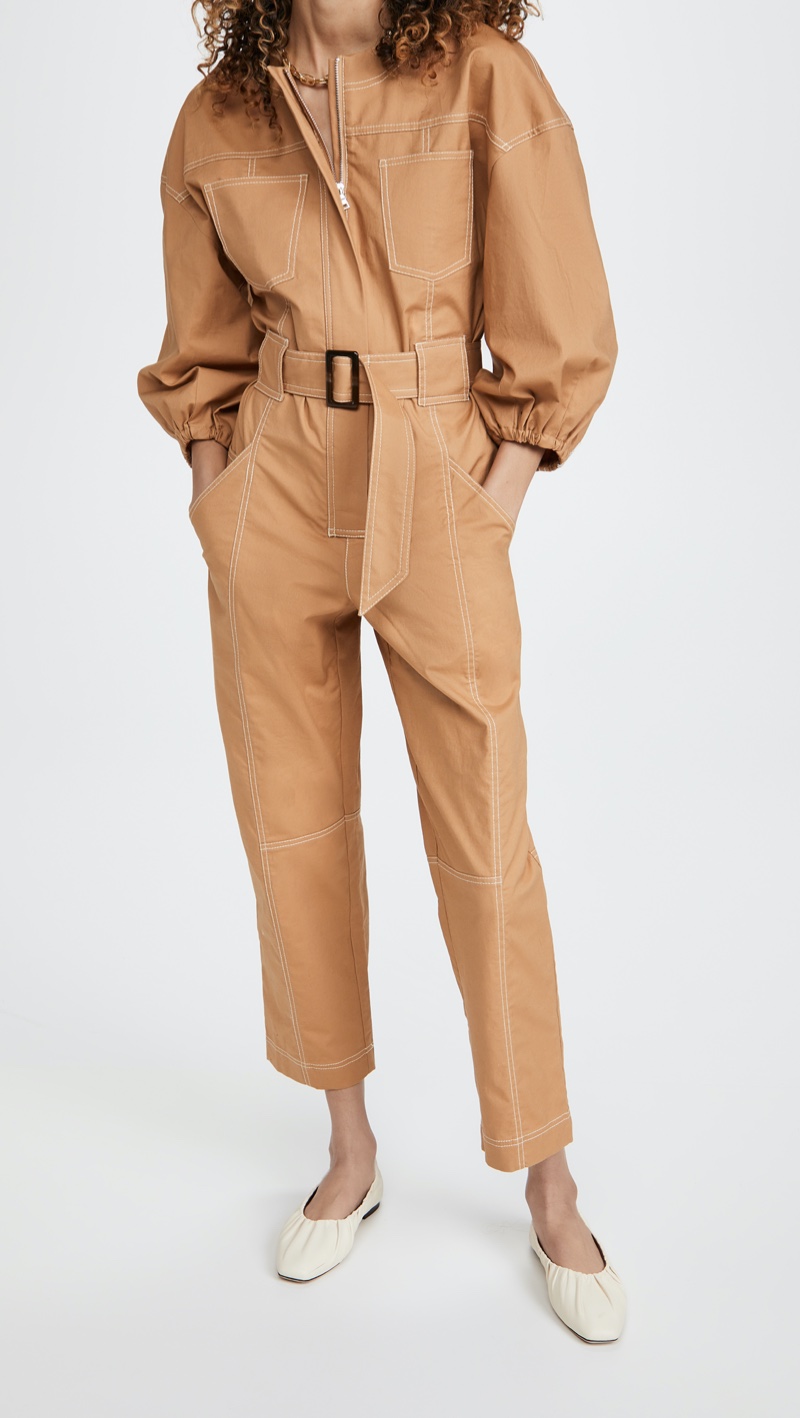 Jonathan Simkhai Annika Topstitch Utility Puff Sleeve Jumpsuit $395