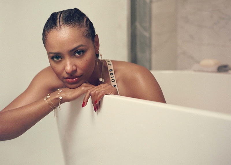 Posing in a bath tub, Kat Graham wears Dior bralette and jewelry. Photo: Tiffany Nicholson 