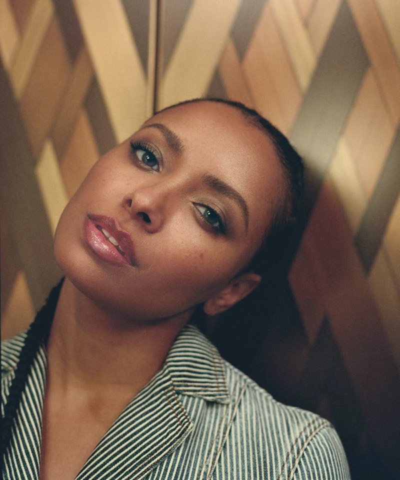 Kat Graham poses in Dior striped jacket. Photo: Tiffany Nicholson