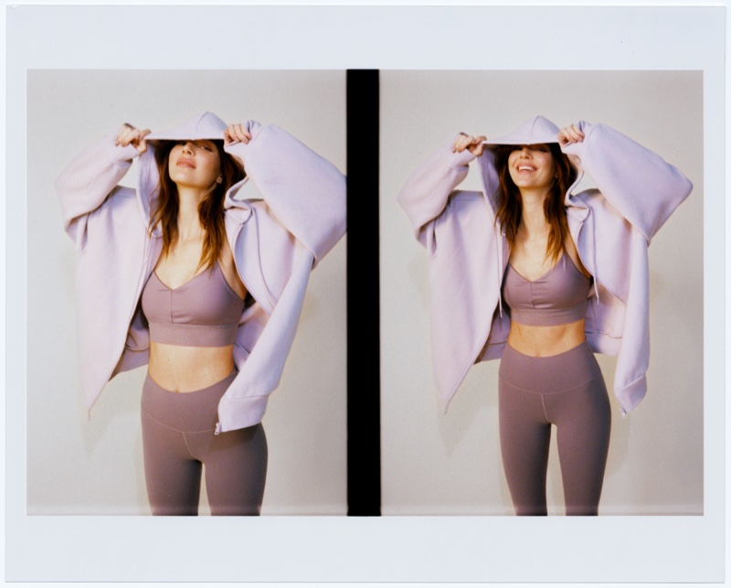 Model Kendall Jenner poses in Alo Yoga outfit.