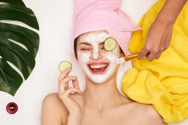 Laughing Model Face Mask Cucumbers Beauty Skin