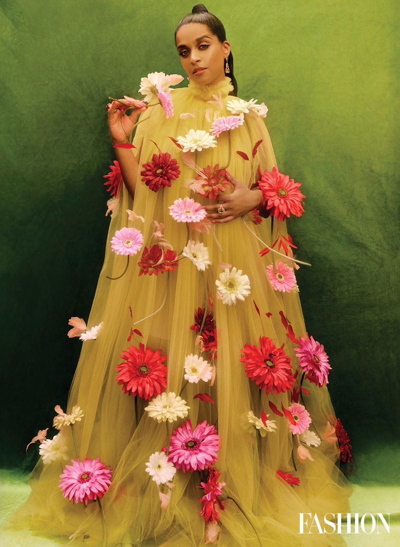 Blooming in flowers, Lily Singh poses in Christian Siriano dress. Photo: Austin Hargrave / FASHION