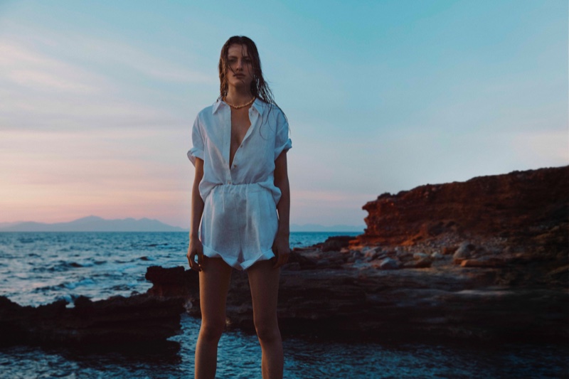 Felice Noordhoff poses for Mango Committed 2021 collection.