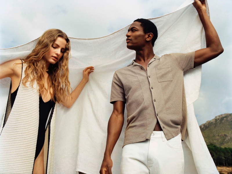 Felice Noordhoff and Hamid Onifade wear Mango Committed, a line featuring sustainable fashion.