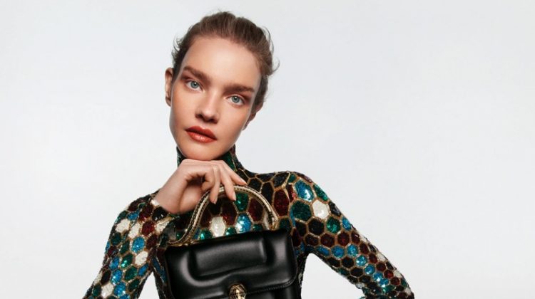 Natalia Vodianova fronts Mary Katrantzou x Bulgari Serpenti handbag campaign.