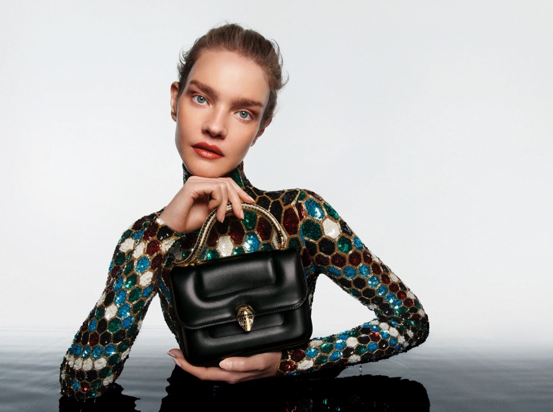 Natalia Vodianova fronts Mary Katrantzou x Bulgari Serpenti handbag campaign.