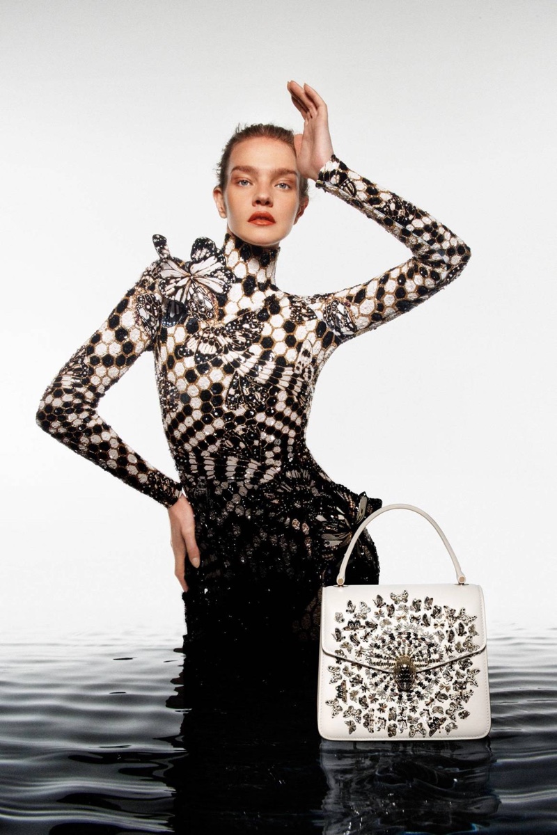 The Mary Katrantzou x Bulgari Serpenti handbag campaign features Natalia Vodianova.