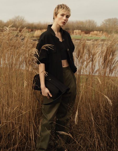 Reset: Edie Campbell Poses in Massimo Dutti's Spring 2021 Styles Massimo Dutti Crepe Overshirt, Sleeveless Crop Top, and Darted Cotton Trousers.