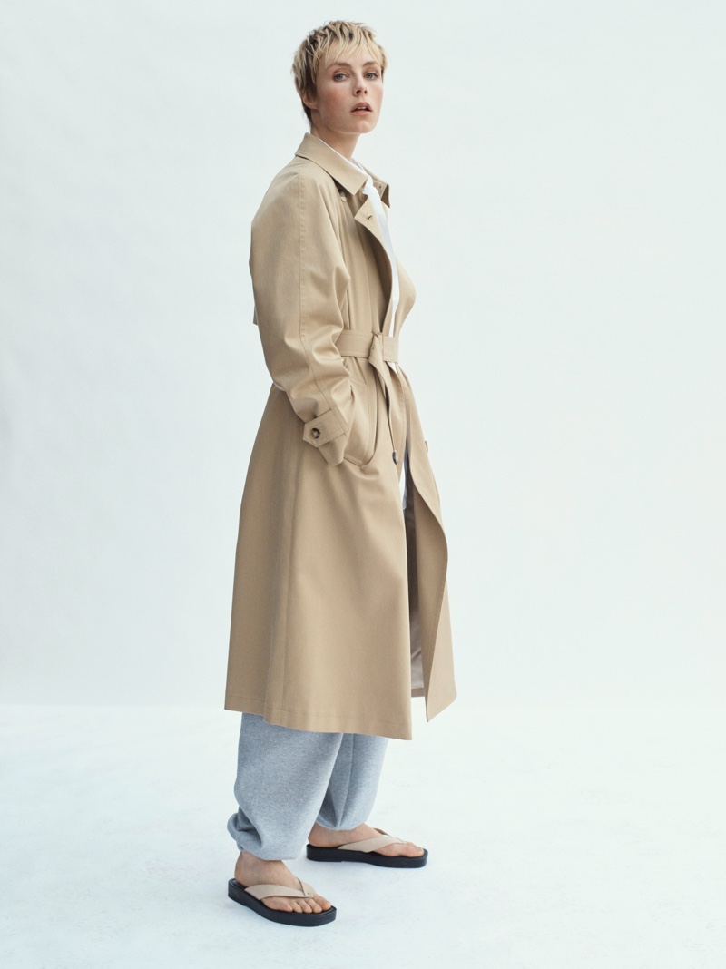 Massimo Dutti Oversize Cotton and Lyocell Trench Coat, Jogging Fit Trousers, and Leather Platform Sandals.